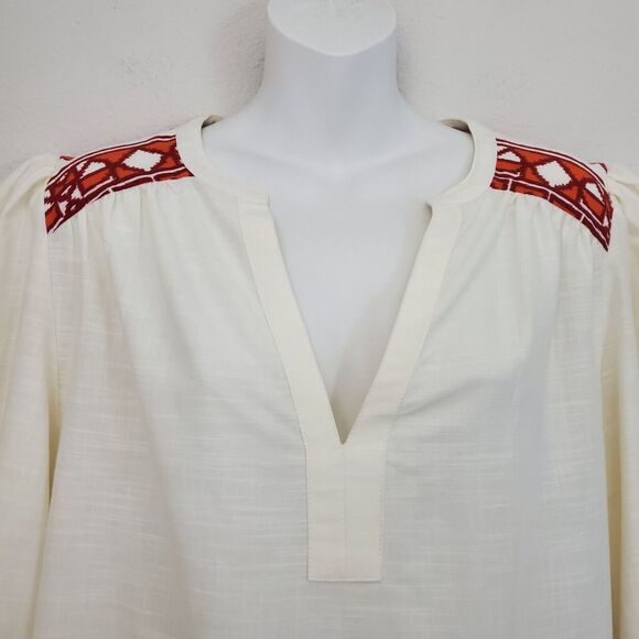Knox Rose Popover Top Small Beige Boho Woven Pleated Relaxed Printed Casual - Picture 2 of 10